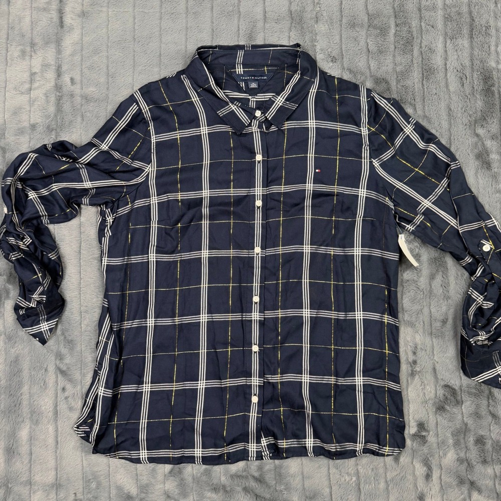 Tommy Hilfiger Womens XL Navy Blue Plaid Gold Metallic Button Down Shirt NWT